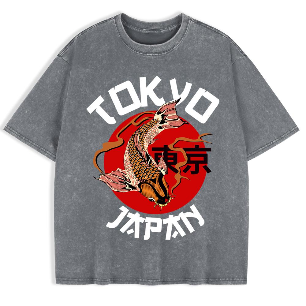 Tokyo Japan Koi Fish Printing Washed T-Shirts Mens Cotton Oversized T Shirt Summer Short Sleeve Tops O-Neck Men Clothes