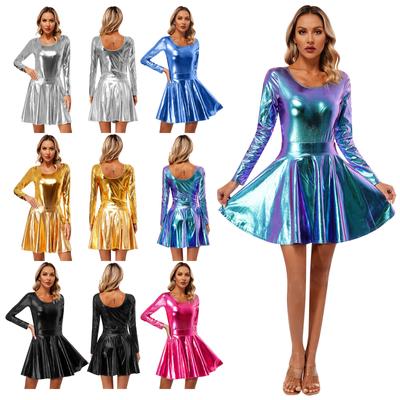 Women's Shiny Long Sleeves Bodysuits with Flared Skater Skirts Raves Sets