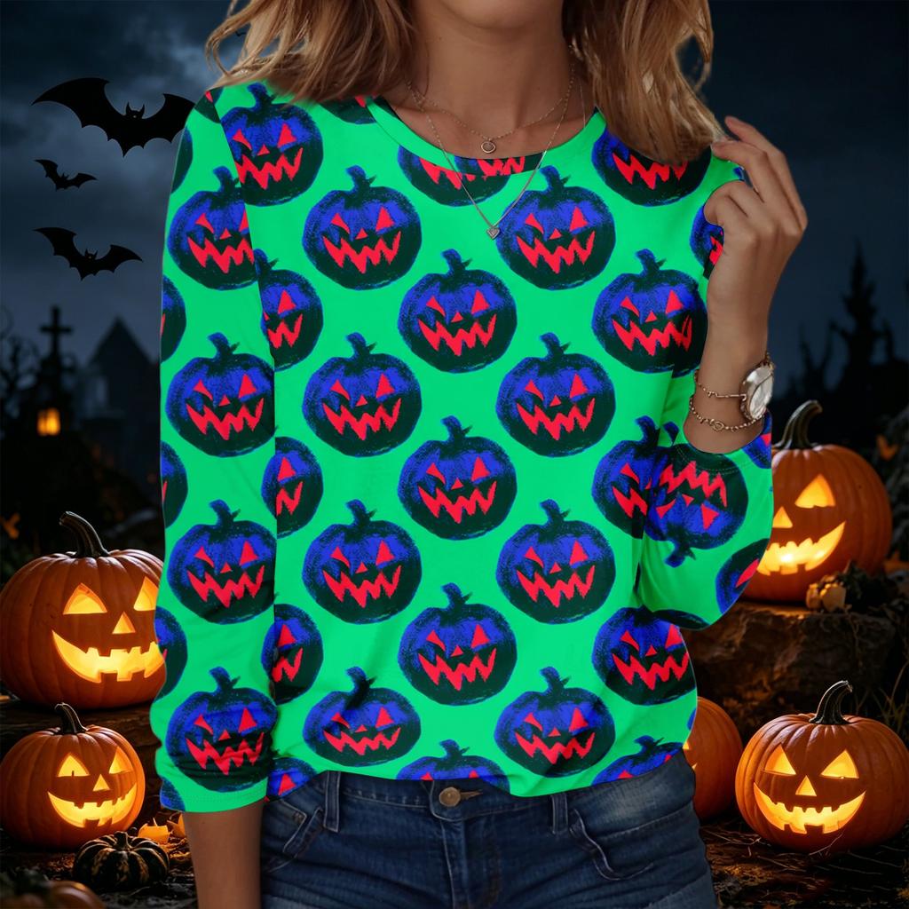 Women's Casual Long Sleeve Crew Neck Sweatshirt Halloween Print Pullover Top Lightweight Comfortable Fit for Everyday Wear