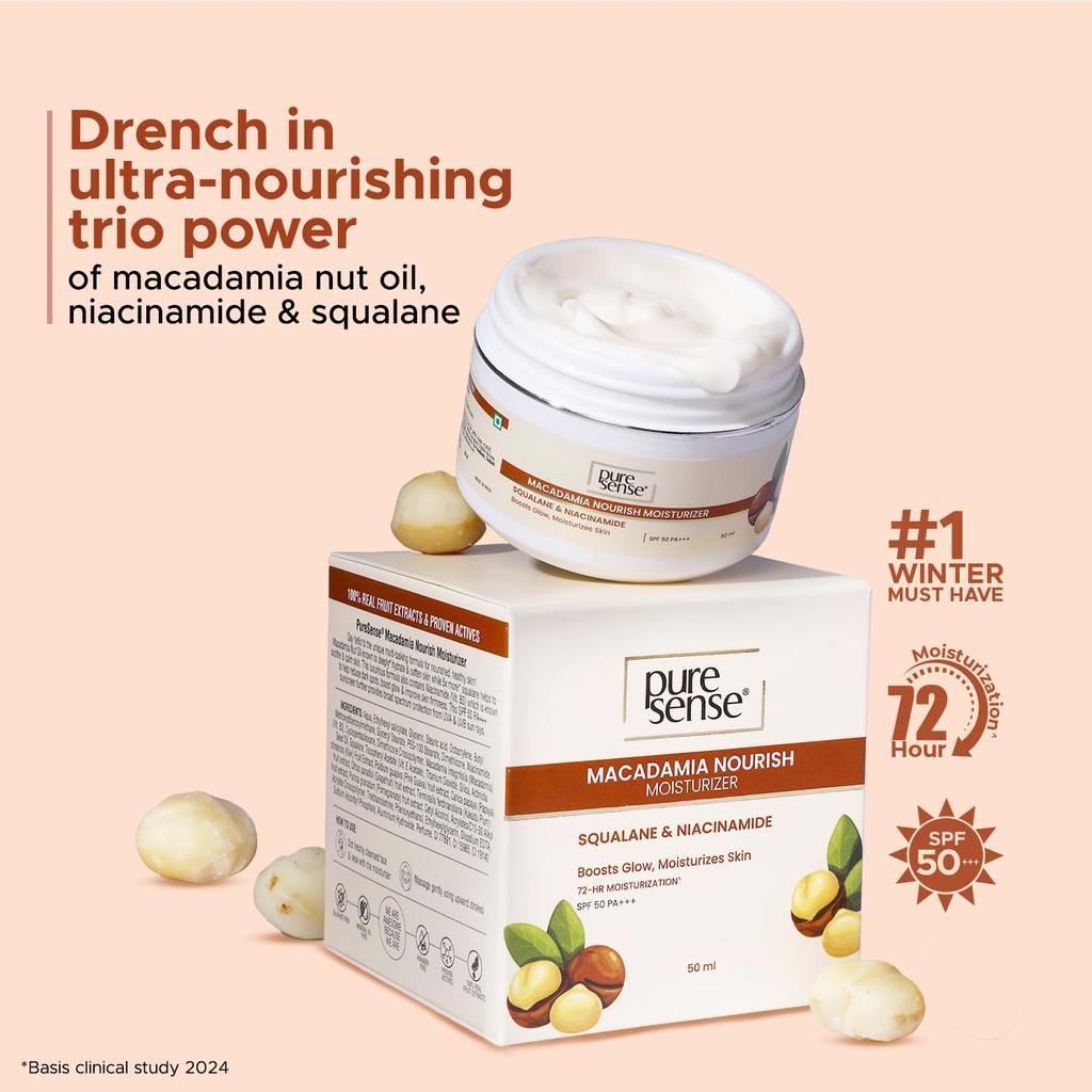 PureSense Macadamia SPF 50PA+++ Nourishing Moisturizer with Niacinamide for 72hr Moisturized and Intense Hydrated Skin For Men and Women 50g