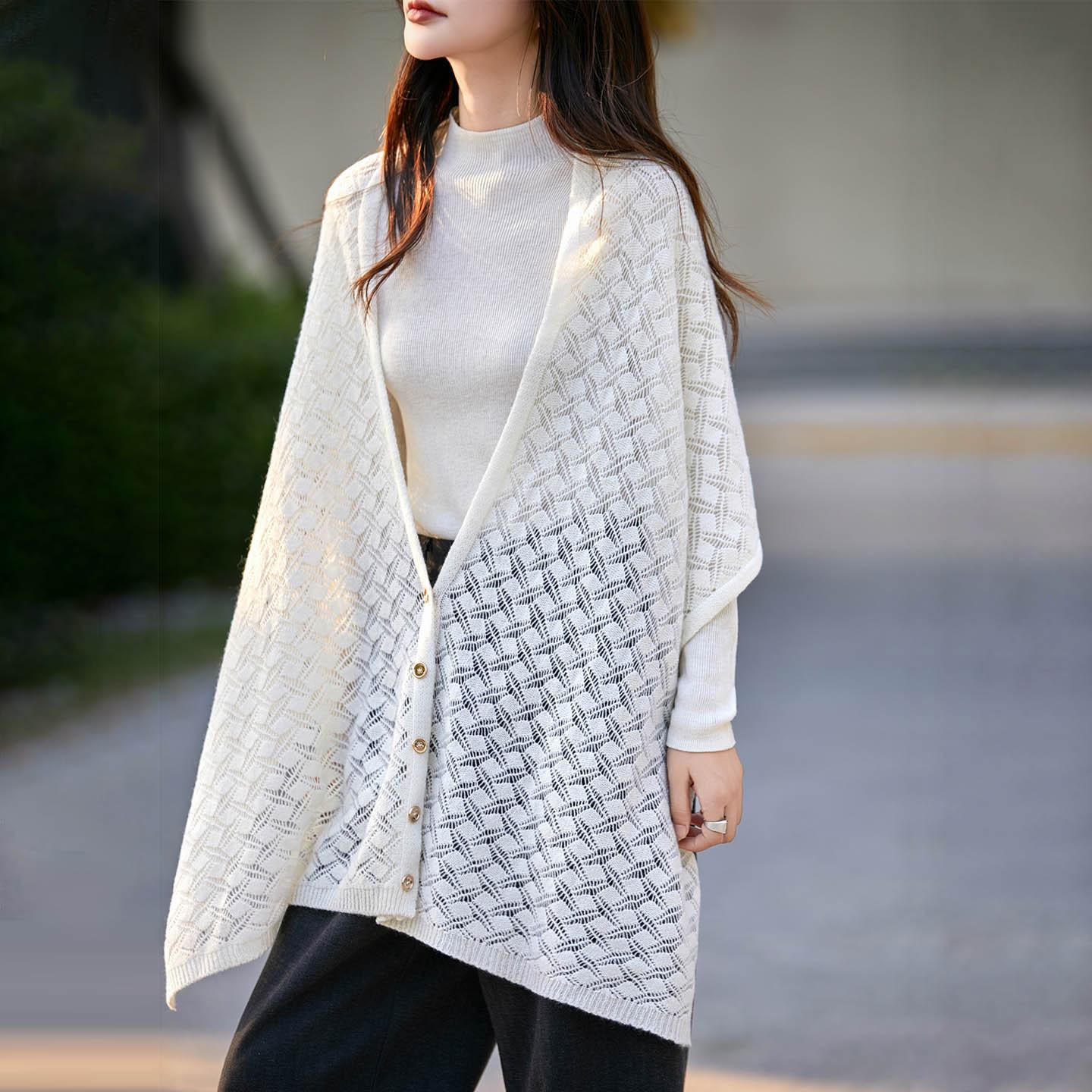 

Women Multi-functional 100% Wool Shawl New Autumn Winter Solid Color Hollowed-out Woolen Outerwear Cape Shawl Scarf for Ladies бежевый