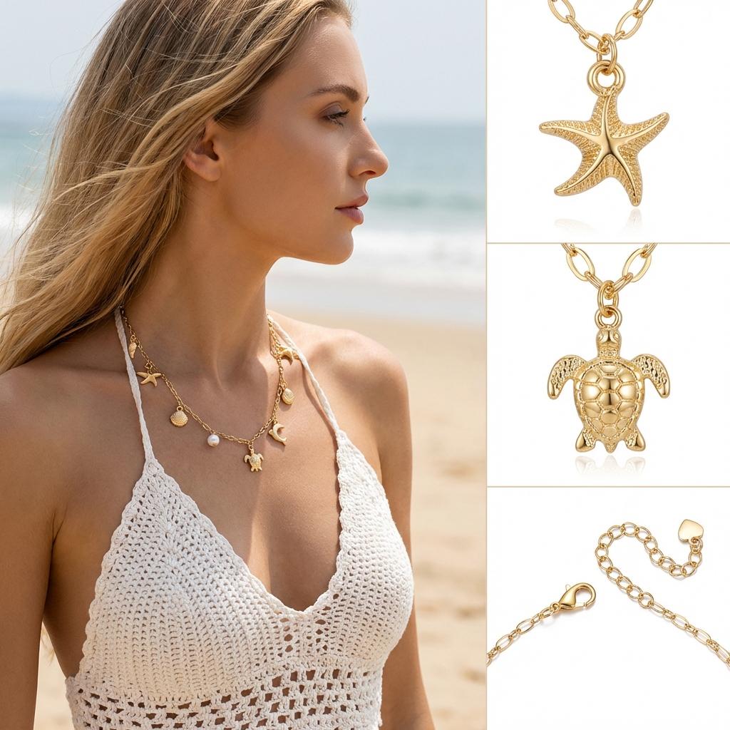 Ocean Style Multi-element Pendant Necklace for Women Starfish Conch Turtle Shell Dolphin Necklace Trendy Summer Beach Jewelry