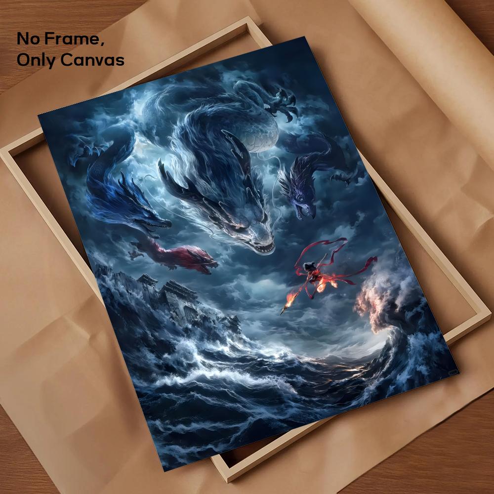 Chinese Anim Nezha Painting Calligraphy HD Canvas Poster living room bedroom bar aesthetic decoration