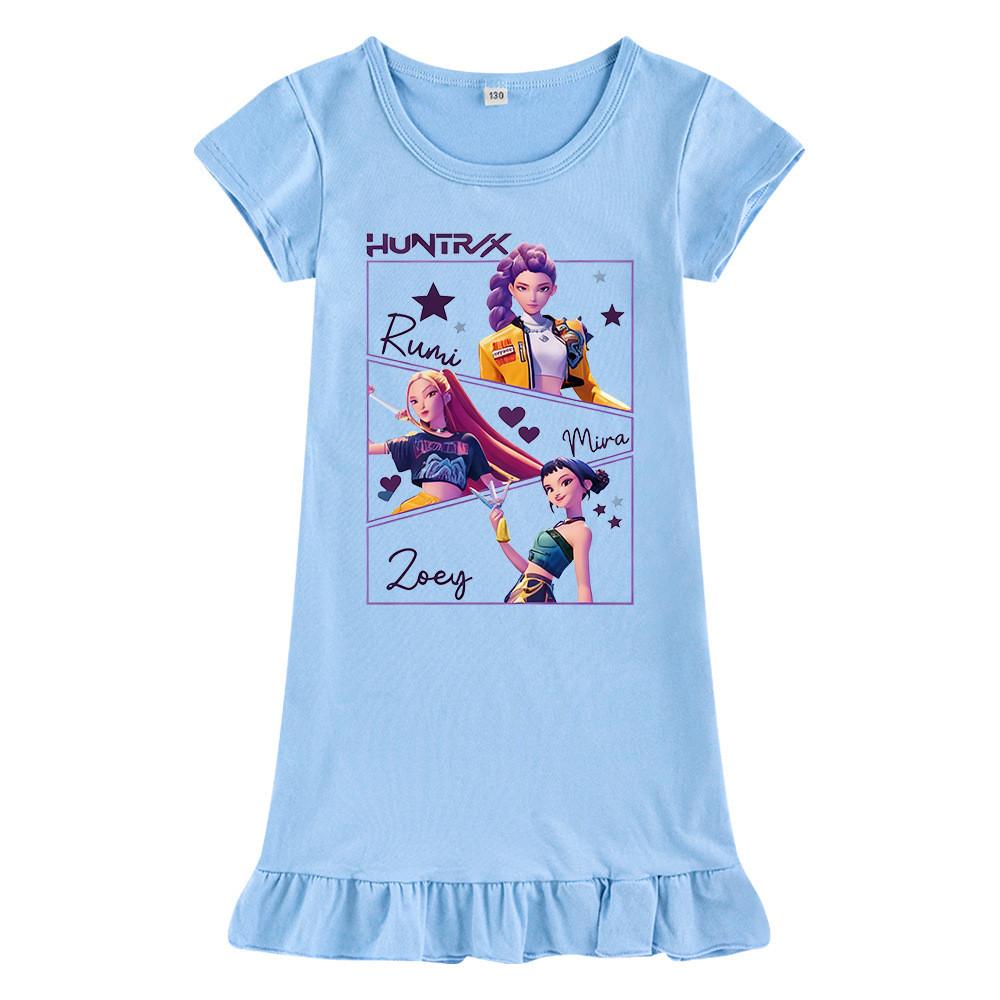 M1241 Kids Girls Kpop Rumi Zoey Mira Print Short Sleeves Ruffle Dress