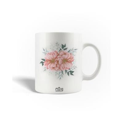 Ceramic Mug - Pink Grey Flower - 30cl - Dishwasher Safe - Height 9.5 Cm - Width 8 Cm