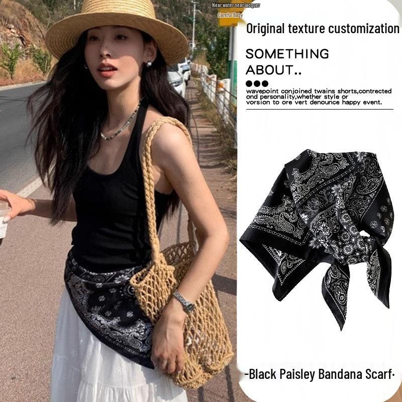 

Черный платок с принтом пейсли и завязкой на талии - Элегантный набедренный квадратный пояс с нишевым ощущением и простым очарованием. 70 cm