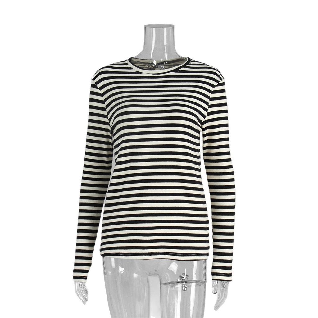 T-shirt Base da Donna a Maniche Lunghe a Righe Girocollo Slim Fit in Cotone per Autunno Inverno, Maglietta Intima Casual da Pendolare