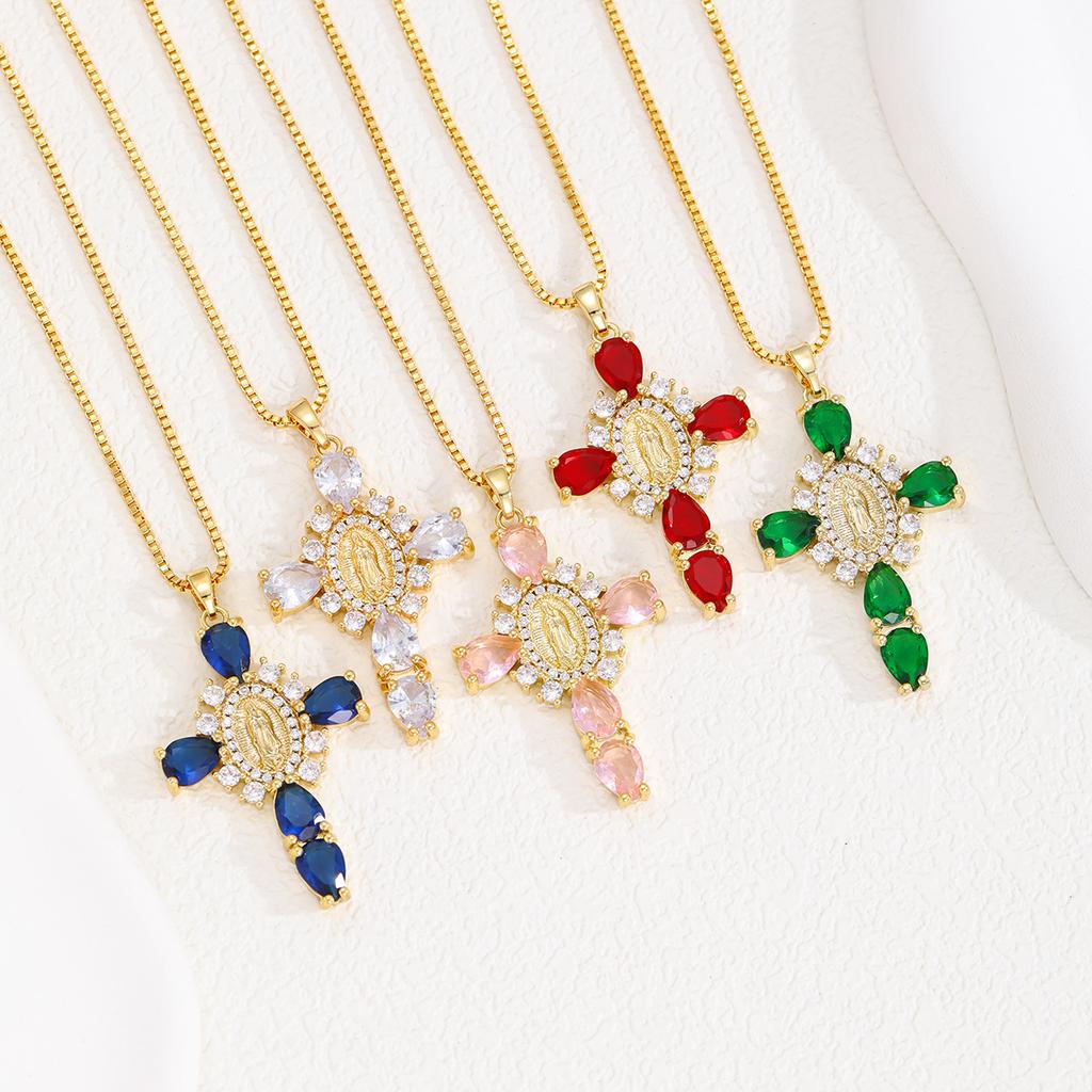 Roestvrij Staal Ketting Grote Meerkleurige Kristallen Kruis Hanger Ketting Koper Goud Verguld Maagd Maria Sieraden Cadeau