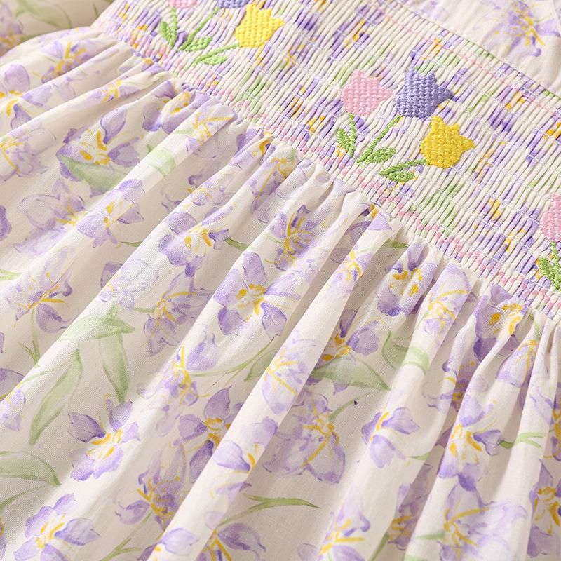 Spring Autumn Girls Floral Cotton Dress With Smocking And Flower Embroidery Cute Princess Long Sleeve Dress For Baby