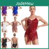 Leotard da Donna Senza Maniche Danza Latina Scollo all'americana Strass Frange Schiena Scoperta Costume da Gara Performance