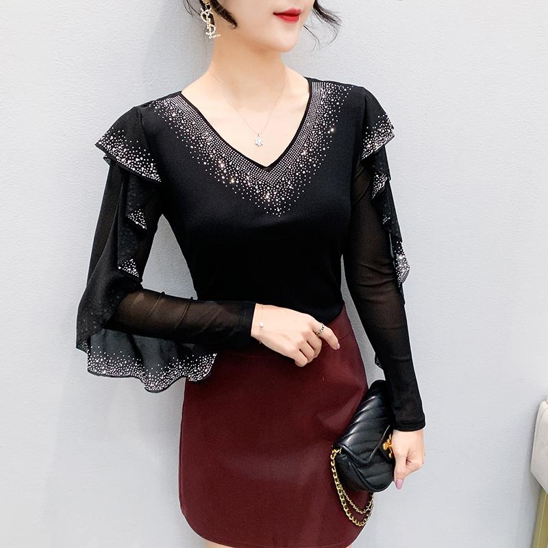 Spring Autumn Women's Ruffles Sleeve T-Shirt Elegant V-neck Tees Slim Ladies Tops With Rhinestone