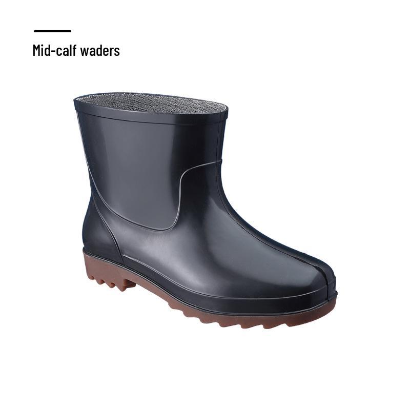 Men's Non-Slip Low Heel Round Toe Rain Boots with PVC Sole & Cotton Lining