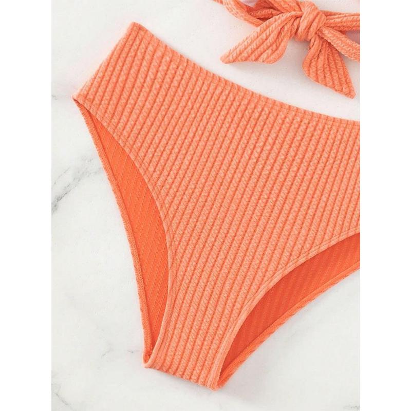 Women's 2 Piece Ribbed Bikini Set New Solid Color Wrap Cross Front Tie Back High Waisted Sexy Spaghetti Strap Summer Beach Swimwear