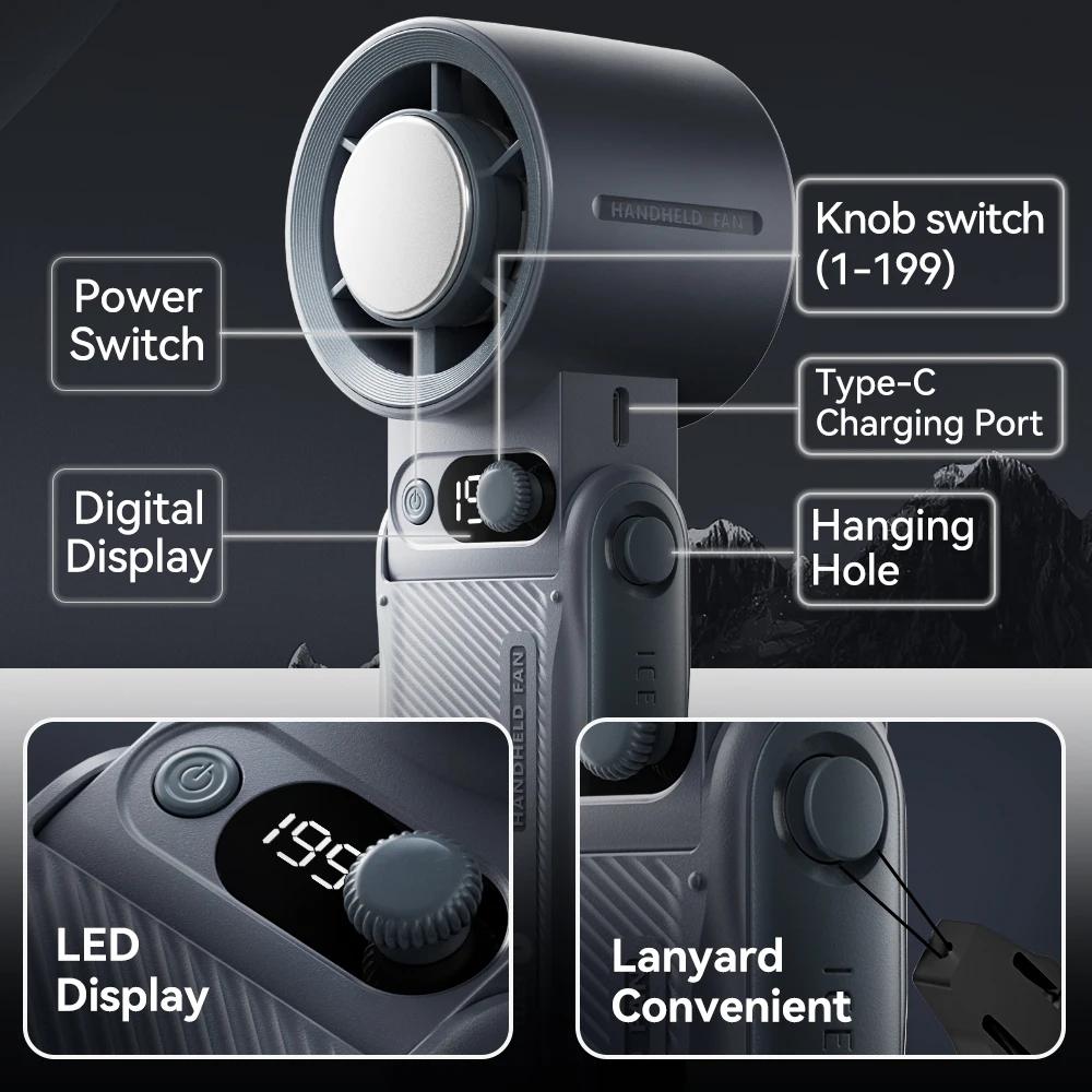 Portable Handheld fan Strong Wind 199 Gear Wind speed LED Digital Display Adjustable Turbo Portable Outdoor Handheld 8000mAh