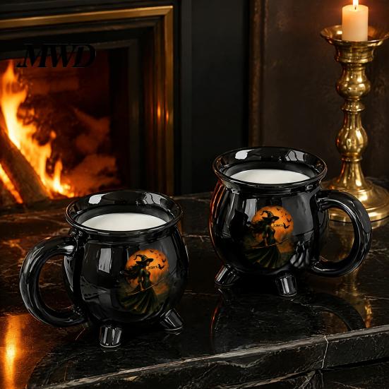 Decorazione Casa Magica Stregoneria Tazza Caldaia Strega di Halloween, 350ml Pentola Magica Vintage Gotica a 3 Gambe, Barattolo Contenitore da Scrivania per Ufficio Gatto Nero Ceramica