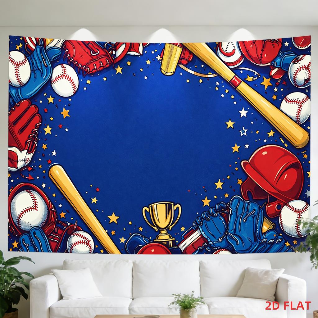 2D Flat, 1 Large/Small Suitable for Baseball-Themed Tapestry Wall Hanging - Horizontal Printed Decor with Bats, Gloves, Balls & Trophies, Fabric for R