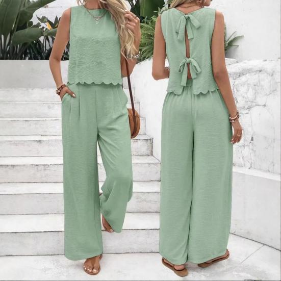 Damen 2-teilige Outfits Sommer Ärmellos Bindeband am Rücken Oberteil und Weite Beinhosen Sets Lässig Urlaubs Loungewear Passende Sets