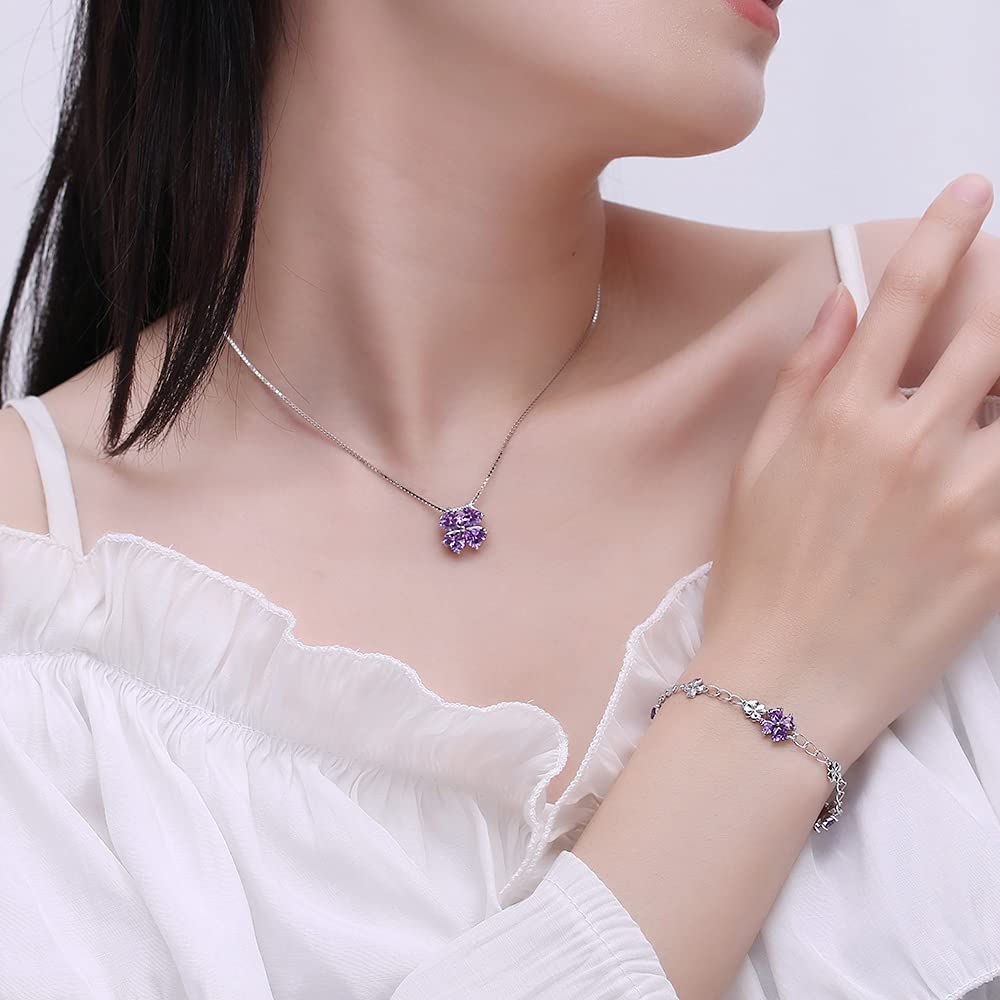 Heart Silver 925 Necklace Four Leaf Clover February Birthstone Amethyst Metal Hypoallergenic Pendant Women Birthday Birthstone Elegant Wedding Women