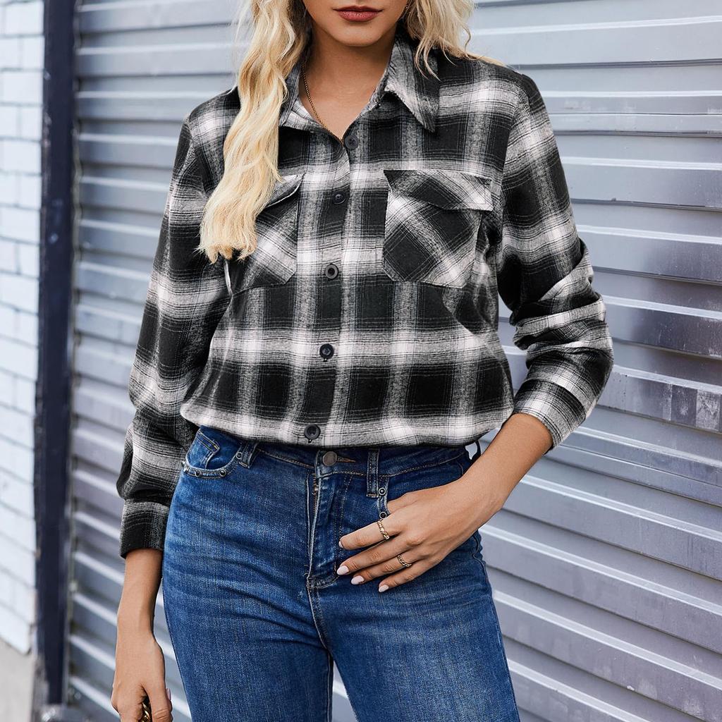 Women's Fashion Long-Sleeve Button-Down Plaid Shirt With Pockets