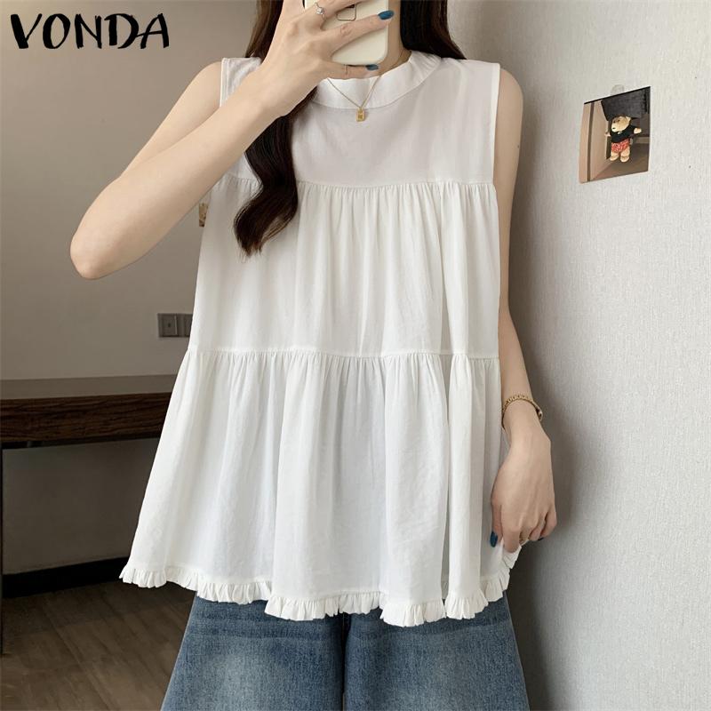 VONDA Summer Women Casual Round Neck Ruffled Loose Sleeveless Tank Tops