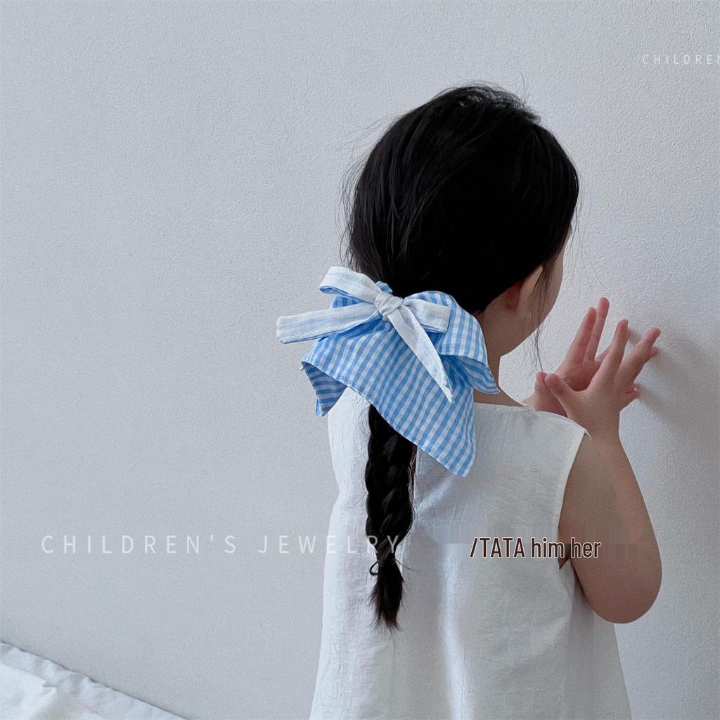 Blue Checkered Bow Scarf Scrunchie for Girls