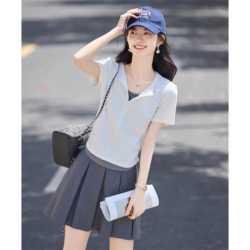 Women s Contrast Patchwork Fake Two-Piece T-shirt M