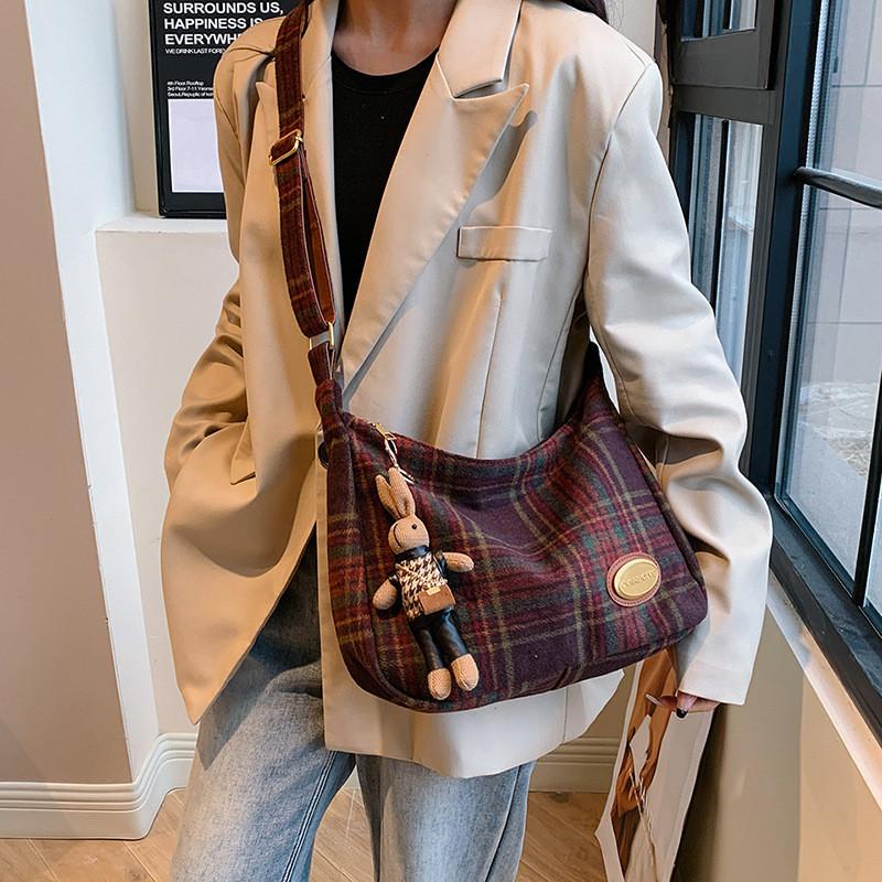 Fashionable High-end Plaid Color Block Shoulder Crossbody Bag Women Spring New Large Capacity Tote