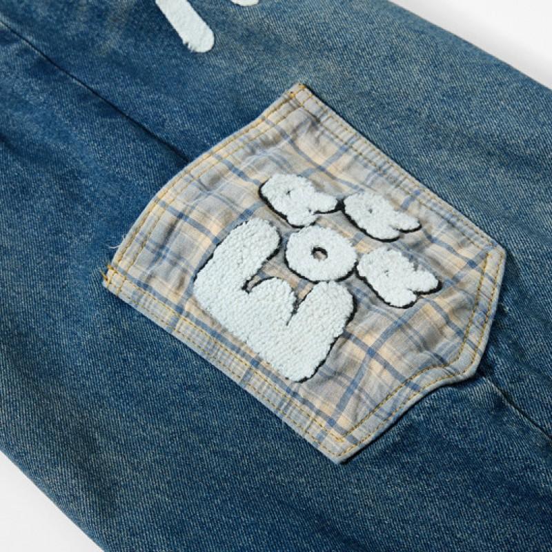 Unisex Vintage College Style Washed Denim Jeans With Embroidered Cartoon Motif Loose Straight Cut Casual Pants