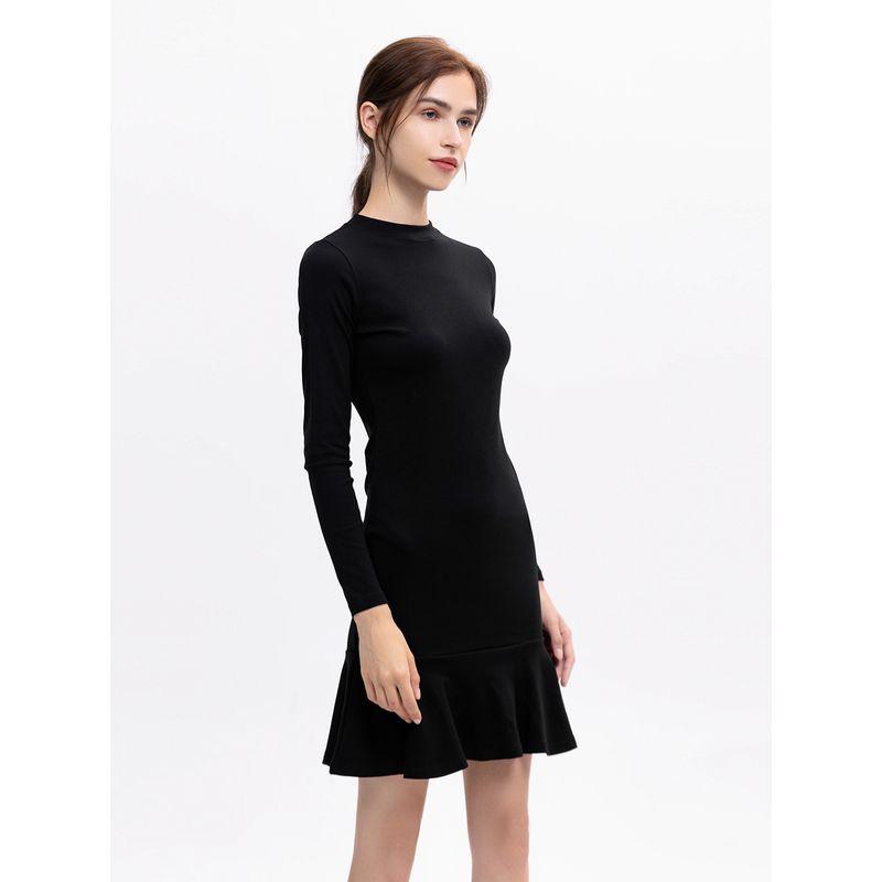 Small Fashion Slim Fit Ruffled Versatile Small Black Dress 2025 Spring & Fall New Arrival Minimalist Long Sleeve Base Dress