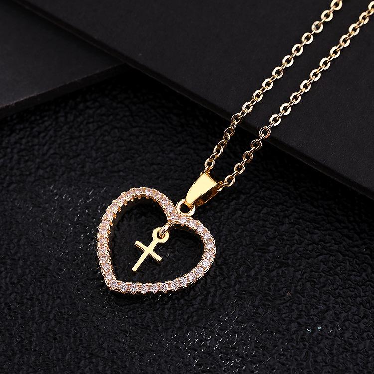 Micro-Set Colorful Zirconia Geometric Cross Pendant Necklace With Heart Charm Fashion Love Jewelry