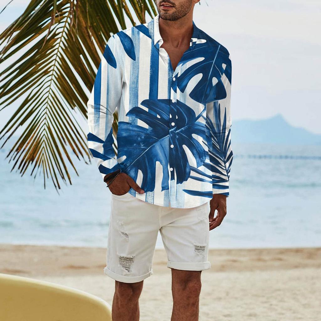 Men's Fashion Long Sleeve Printed Casual T Shirt Button Regular Fit Shirt Top