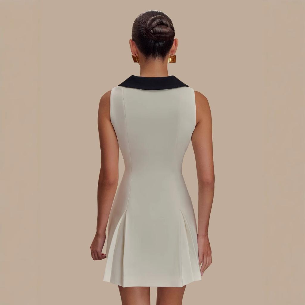 Women's Sleeveless Dress, Off White, Black Collar, Gold Square Buttons
