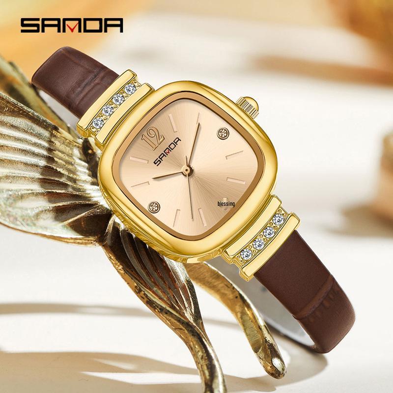 Sanda 7052 Women's Square Quartz Watch - High-End, Light Luxury with Exquisite Leather Strap