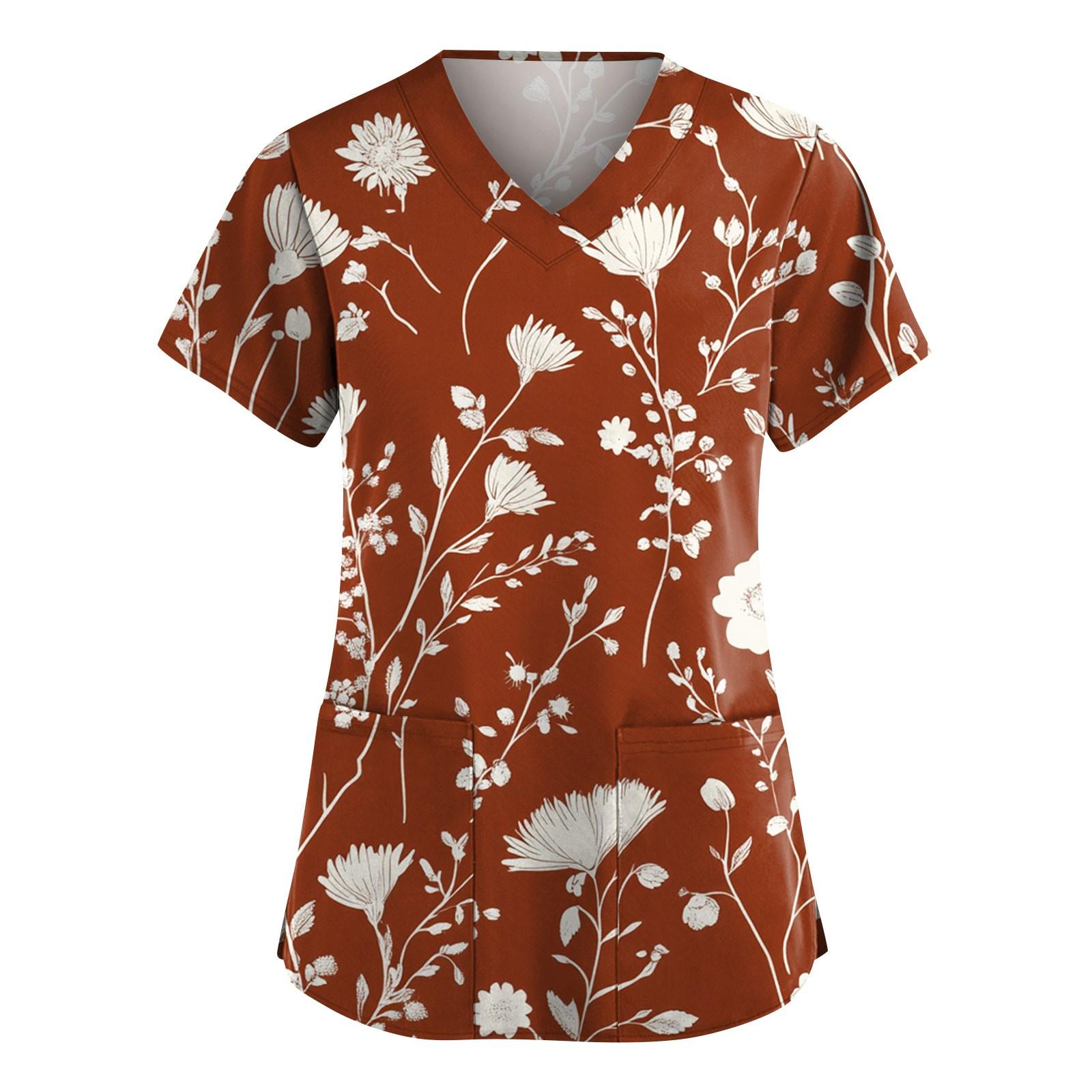 Women s Fashion Short Sleeve Fashion Vintage Floral Print V-Neck Pocket Tops XXXXL