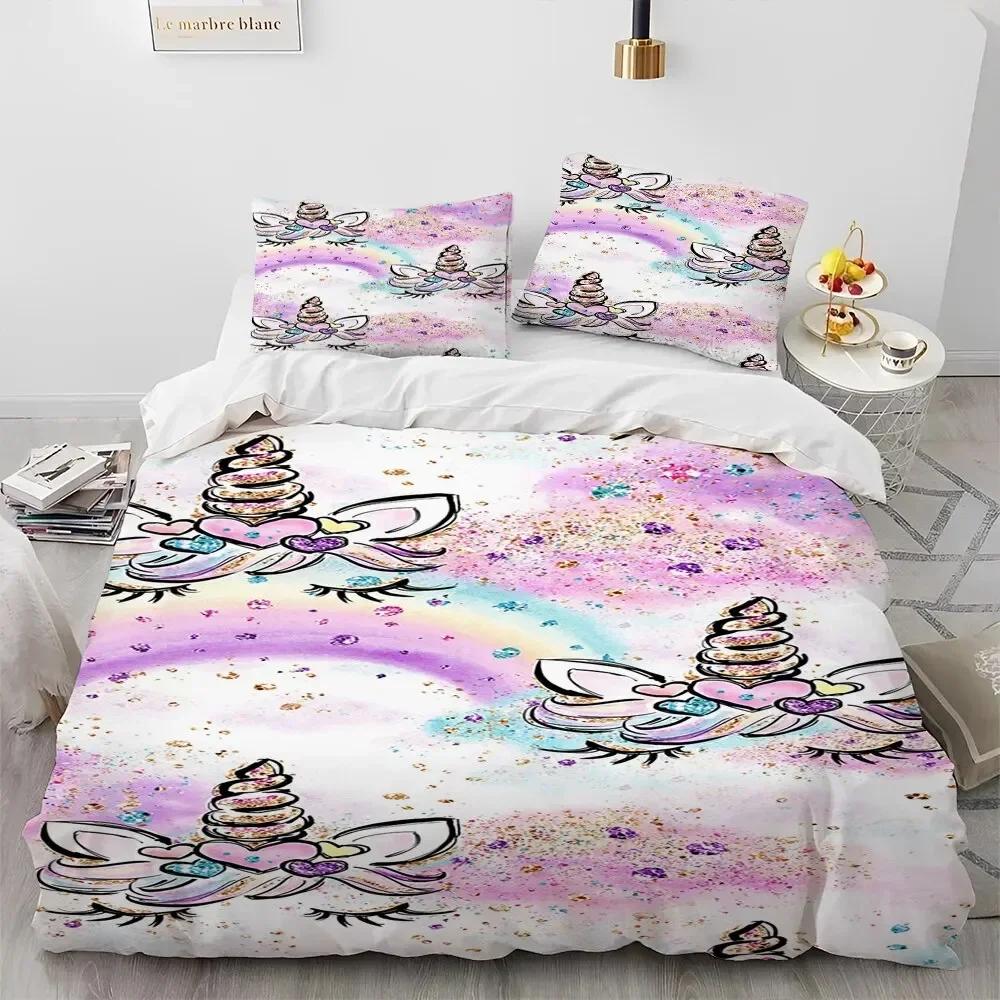 Luxury New 3D Print Unicorn Cute Cartoon Comforter Bedding Set,Duvet Cover Bed Set Quilt Cover Pillowcase,Queen Bedding Set