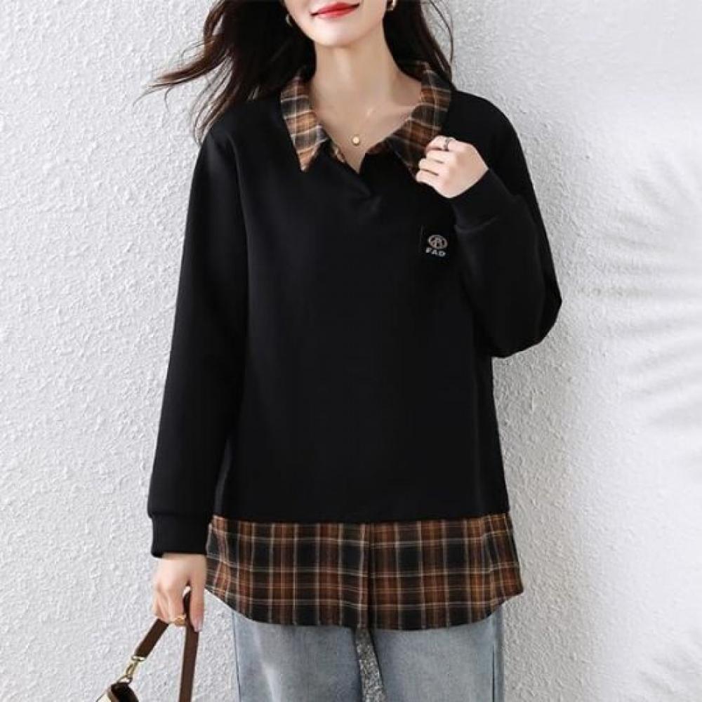 Navava Women Long Sleeve Sweatshirt Layered Check Collar Nt2972
