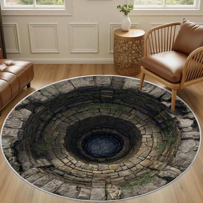 Cave Pool Illusion Round Area Rug Non-Slip Floor Mat for Living Room Bedroom Nature-Inspired Home Decor