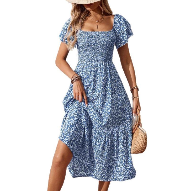 Spring and summer new TK women's clothing with short sleeves and square neck floral dress length