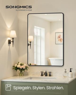 Bathroom Mirror, Wall Mounted Vanity Mirror, Rectangular, Aluminium Frame, 91 X 61 Cm, with Safety Film, 2 Mounting Options, for Living Room