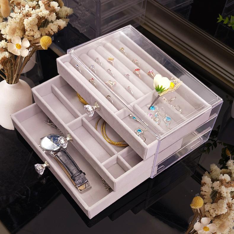 Velvet jewelry box three-tier drawer jewelry storage box transparent jewelry storage box acrylic jewelry box
