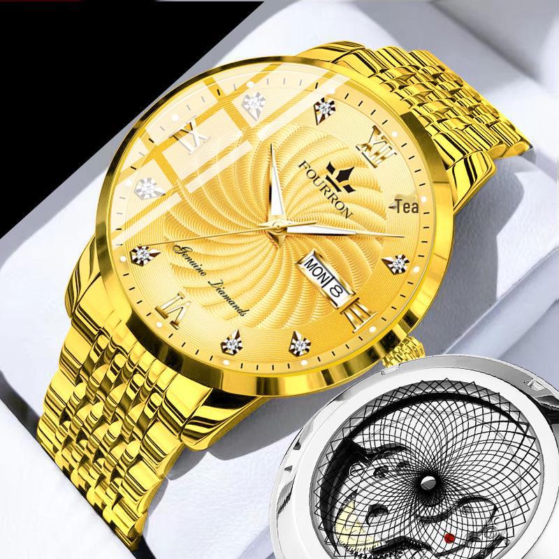 Men's Diamond Quartz Watch with Luminous Double Calendar