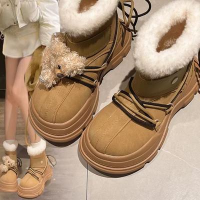 Autumn and Winter New Ju Jingyi with the Same Snow Boots Women's Thick Soles Heightened Real Soft Fur Integrated Strap Big Head Shoes