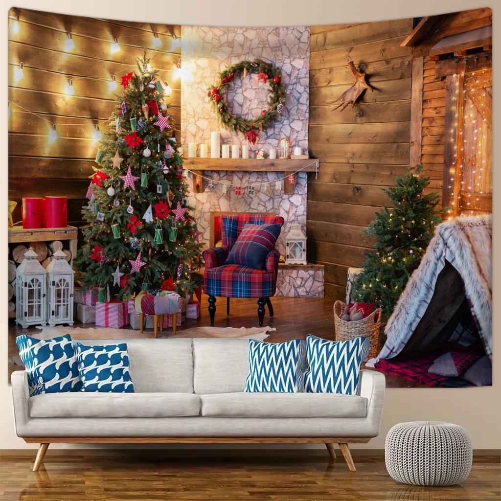 1pc Christmas Tapestry, Christmas Tree Fireplace Snow Background Cloth, Christmas Party Photography Background Wall Cloth