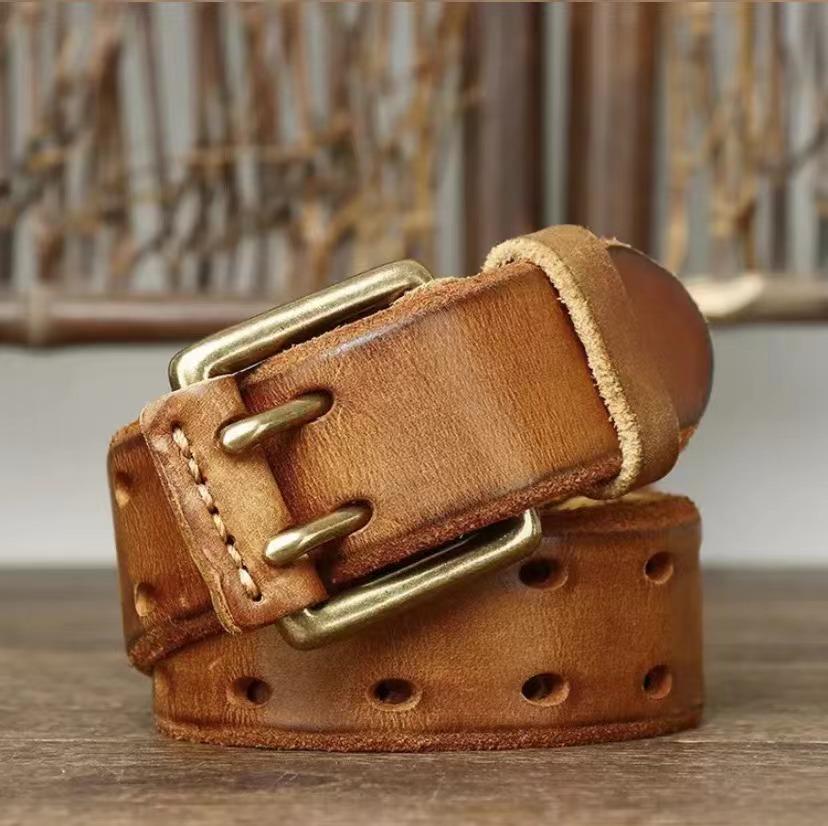 Men's Genuine Leather Belt with Copper Buckle & Double Stitching - Retro & Trendy Design