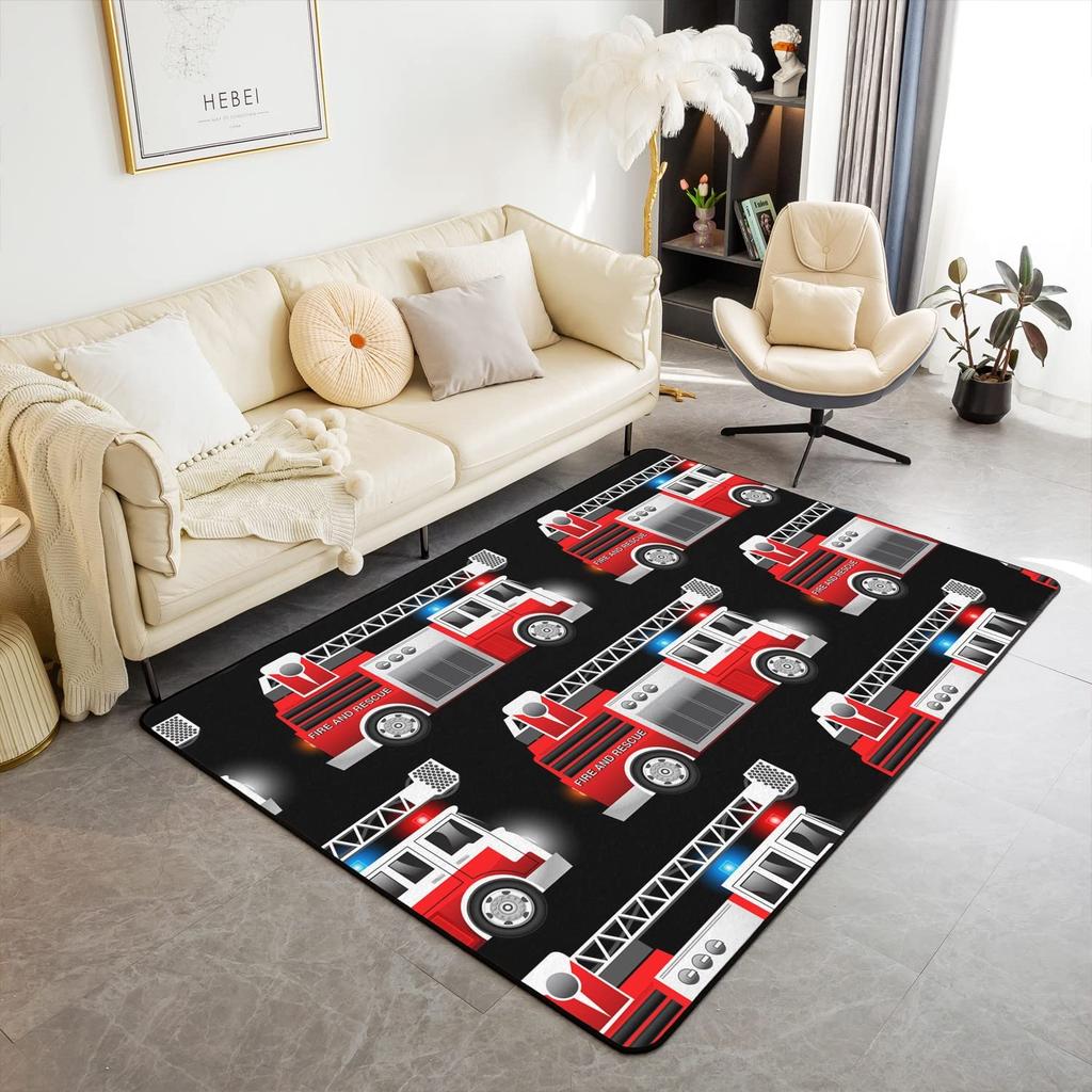 Firefighting Truck Area Rug, Fire Truck Carpet for Teen Boys, Cartoon Emergency Rescue Vehicle Floor Mat for Living Room Bedside