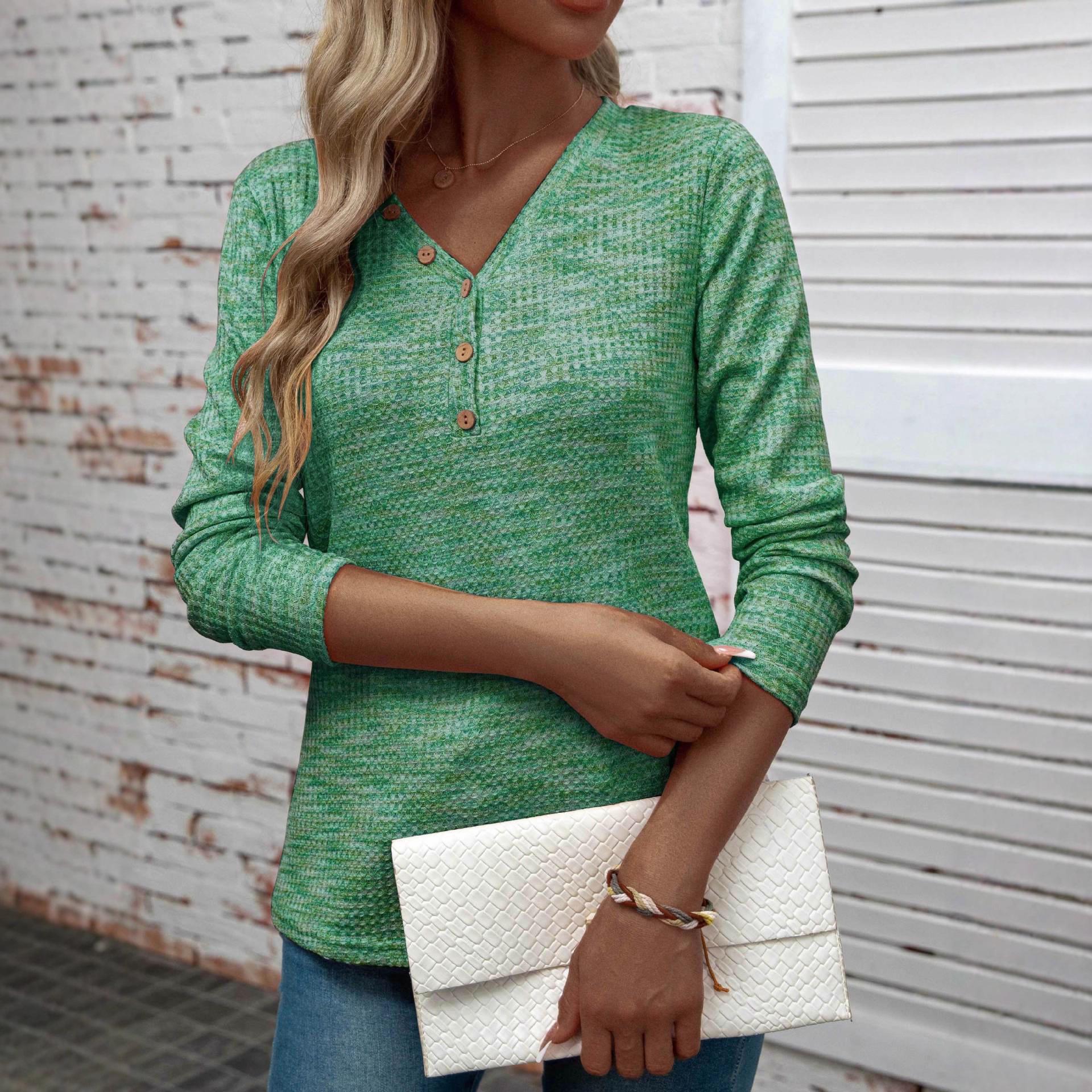 

2025 Spring/Autumn Women s V-Neck Long-Sleeve Pullover Top – Fashionable and Versatile Large темно-зеленого