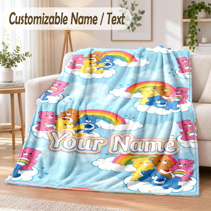 Care Bears Custom Name Flannel Throw Blanket Soft Warm for Sofa Bed Indoor Home Use