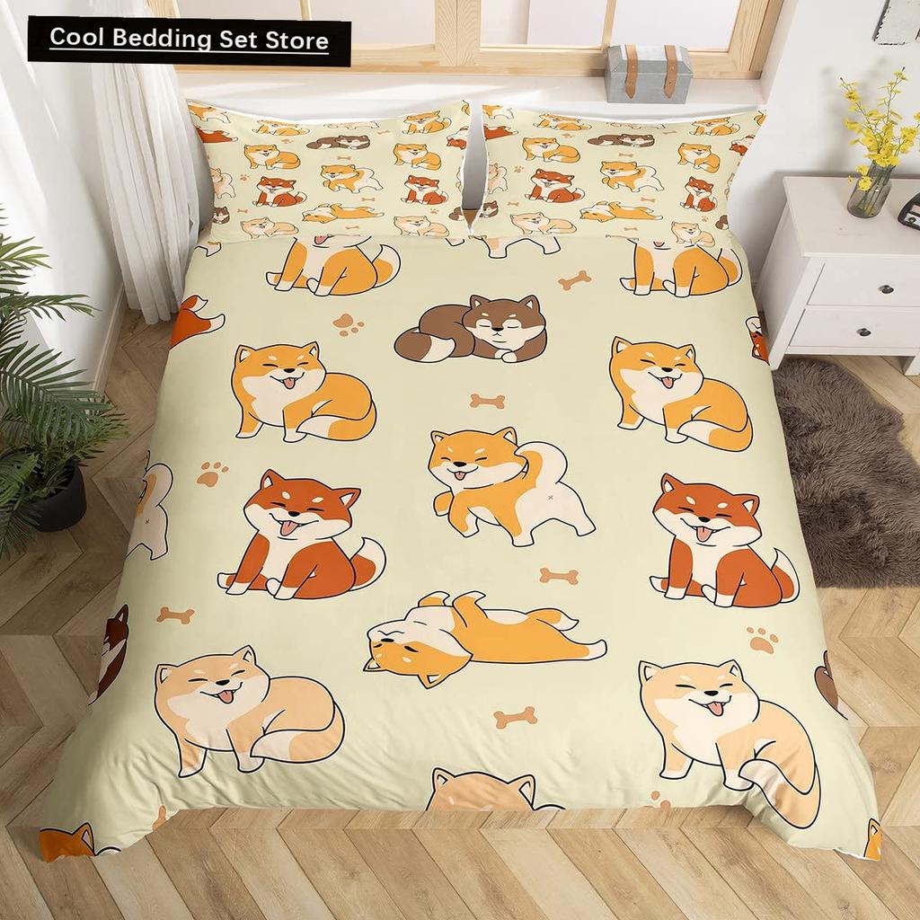 Cartoon Shiba Inu King Queen Bedding Set Yellow Pet Puppy Duvet Cover Cherry Blossoms Tree Quilt Cover Polyester Comforter Cover