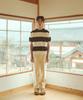 Belief Essential Hard Twist Cotton Short Sleeve Striped Knit (Ivory/Brown)