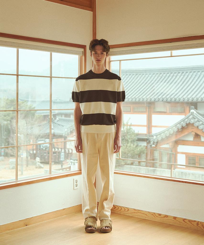 Belief Essential Hard Twist Cotton Short Sleeve Striped Knit (Ivory/Brown)